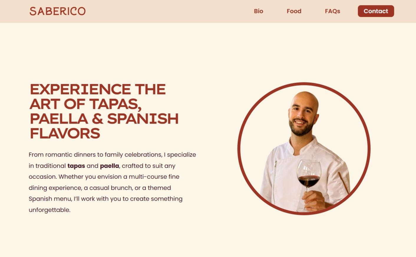 Saberico Homepage Homepage of the Saberico website for a private chef specializing in Spanish cuisine, tapas, and personalized dining experiences.
