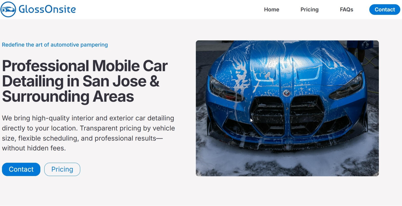 GlossOnSite Homepage Homepage of the GlossOnSite website for a mobile car detailing business serving San Jose and the surrounding areas.