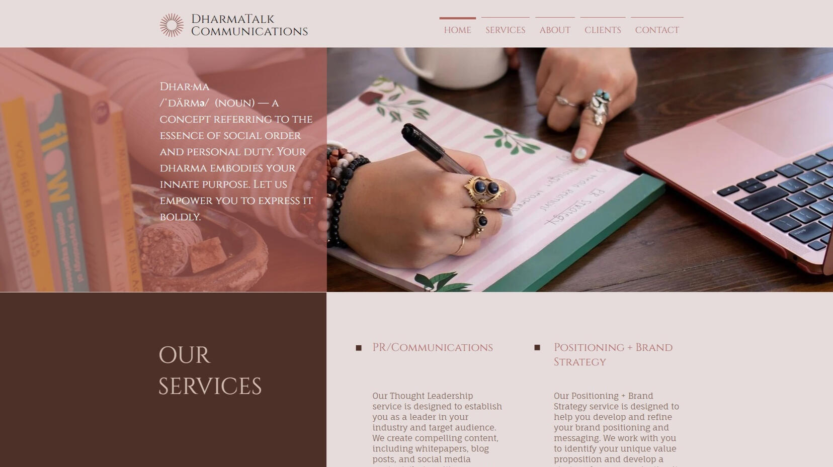 DharmaTalk Communications Homepage Homepage of the DharmaTalk Communications website for a strategic communications and public relations agency.