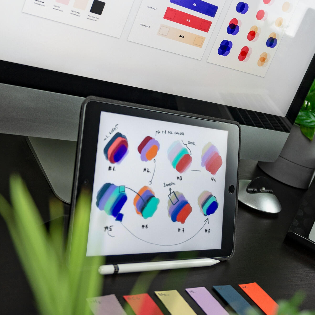 Website Design Computer monitor and tablet displaying color palettes and design concepts for a website.
