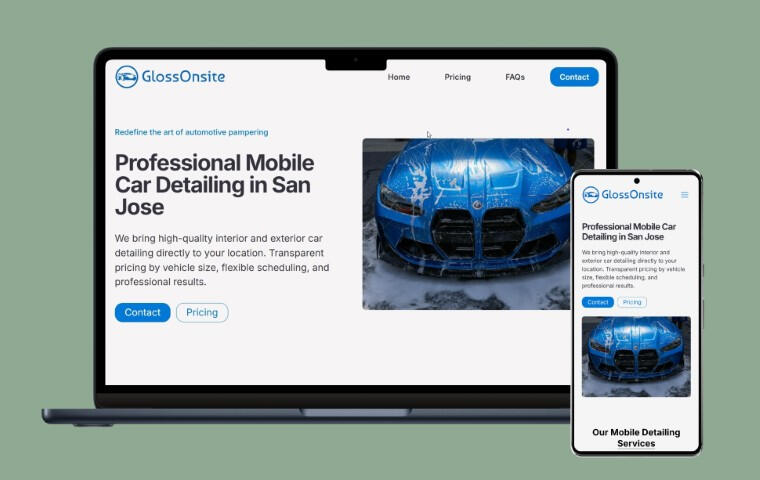GlossOnSite Homepage Homepage of the GlossOnSite website for a mobile car detailing business serving San Jose and the surrounding areas.