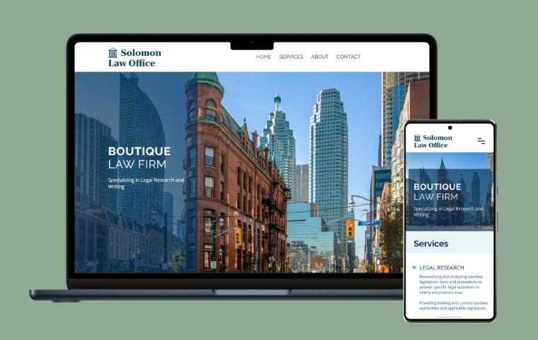 Solomon Law Office Homepage Homepage of the Solomon Law Office website for a boutique Canadian law firm specializing in legal research and writing.