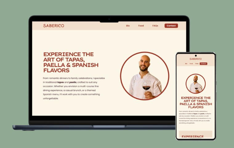 Saberico Homepage Homepage of the Saberico website for a private chef specializing in Spanish cuisine, tapas, and personalized dining experiences.